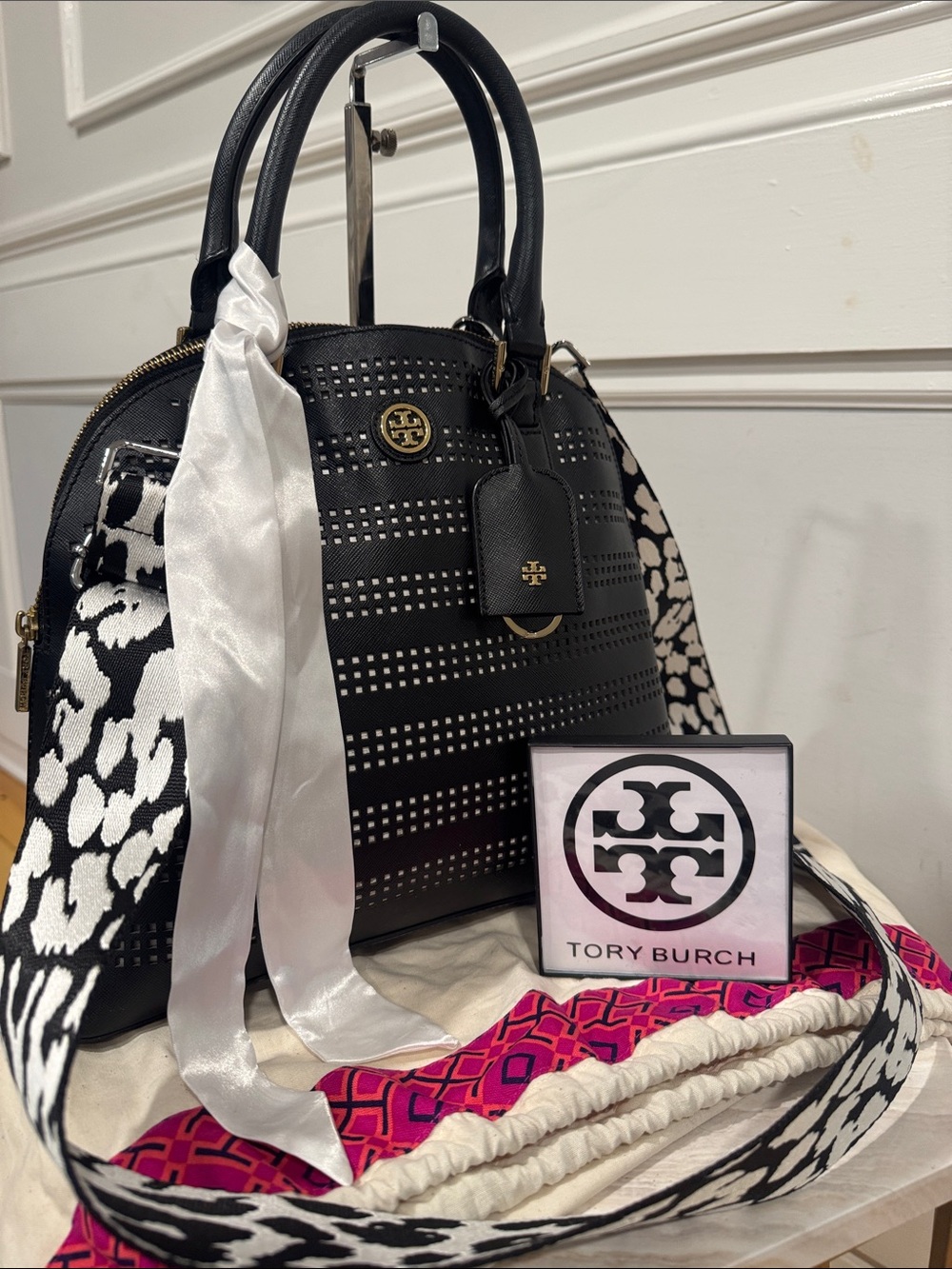 Tory Burch Bag Robinson Black Leather Perforated Dome Top Handle Bag